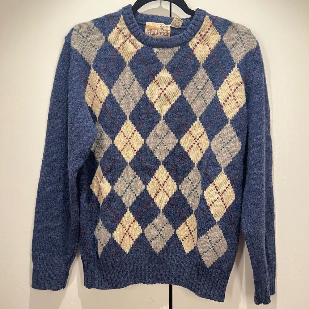 Highlands Shetland 100% Wool Blue White Diamond Sweater - Large